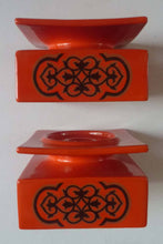 Load image into Gallery viewer, 1960s Pair of CARLTON WARE Orange Squat Square Shaped Candlesticks with Abstract Chocolate Pattern
