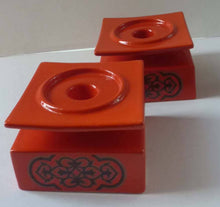 Load image into Gallery viewer, 1960s Pair of CARLTON WARE Orange Squat Square Shaped Candlesticks with Abstract Chocolate Pattern
