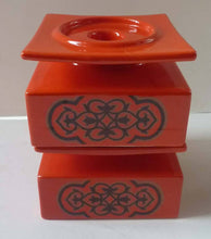 Load image into Gallery viewer, 1960s Pair of CARLTON WARE Orange Squat Square Shaped Candlesticks with Abstract Chocolate Pattern
