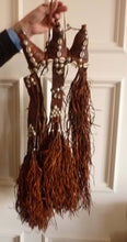 Load image into Gallery viewer, CAMEL HALTER or Headdress. Made of Tan Leather with Leather Tassels &amp; Cowrie Shells. Vintage Early 20th Century
