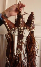 Load image into Gallery viewer, CAMEL HALTER or Headdress. Made of Tan Leather with Leather Tassels &amp; Cowrie Shells. Vintage Early 20th Century
