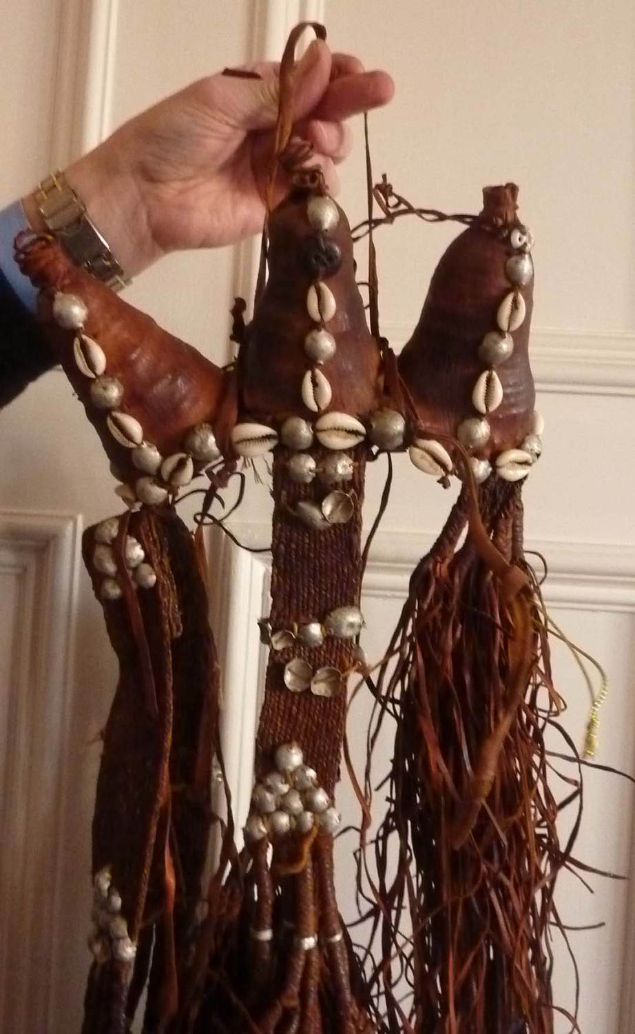 CAMEL HALTER or Headdress. Made of Tan Leather with Leather Tassels & Cowrie Shells. Vintage Early 20th Century