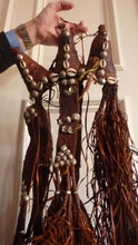Load image into Gallery viewer, CAMEL HALTER or Headdress. Made of Tan Leather with Leather Tassels &amp; Cowrie Shells. Vintage Early 20th Century
