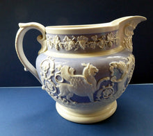 Load image into Gallery viewer, Extremely Rare 1820s RIDGWAY GRIFFIN and Mask Head Jug or Pitcher. Lilac Ground with Applied White Sprigware Decoration
