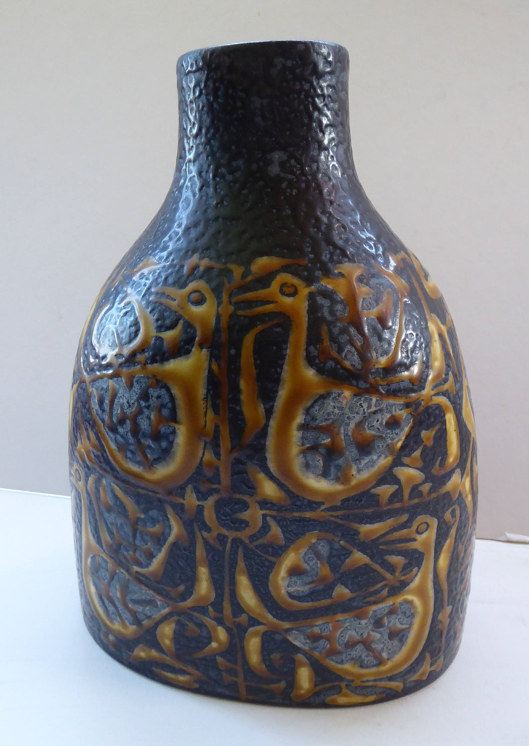 Unusual 1960s Vintage Danish BACA Aluminia ROYAL COPENHAGEN Vase. Yellow Ground with Birds Motif. Designed by Nils Thorsson