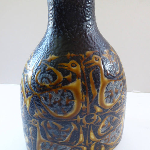 Unusual 1960s Vintage Danish BACA Aluminia ROYAL COPENHAGEN Vase. Yellow Ground with Birds Motif. Designed by Nils Thorsson