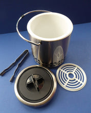 Load image into Gallery viewer, Vintage 1960s JAPANESE Silvered Metal Ice Bucket with Atomic Design. With original plastic drip tray and chrome tongs
