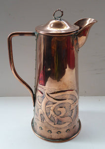 Stunning Copper Arts & Crafts Lidded Flagon / Jug. With stylised foliate decoration around the base