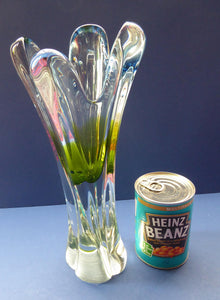 Josef HOSPODKA / Chribska; Czechoslovakia. Fine Chunky 1960s Pale Blue and Lime Green Glass Vase