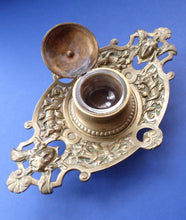 Load image into Gallery viewer, Antique Victorian Brass Inkwell with Original Glass Liner
