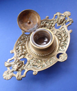 Antique Victorian Brass Inkwell with Original Glass Liner