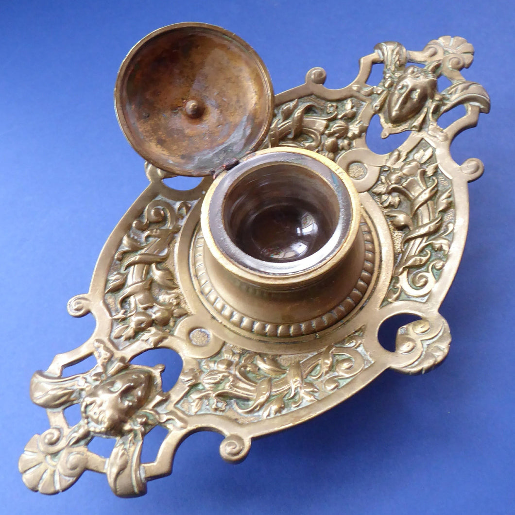 Antique Victorian Brass Inkwell with Original Glass Liner