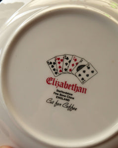 ELIZABETHAN Cut for Coffee Pattern. Cute Vintage Bone China Trio: Tea Cup, Saucer & Side Plate. Playing Cards Decoration.