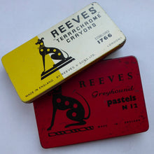 Load image into Gallery viewer, PAIR of Art Deco Style 1950s REEVES GREYOUND Pastel Tins &amp; Some Contents
