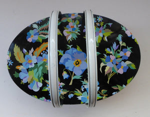 Fabulous 1950s Tin, Twin Handle Sewing Box or Work Box. Pretty Blue Pansies Decoration