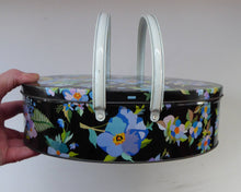 Load image into Gallery viewer, Fabulous 1950s Tin, Twin Handle Sewing Box or Work Box. Pretty Blue Pansies Decoration
