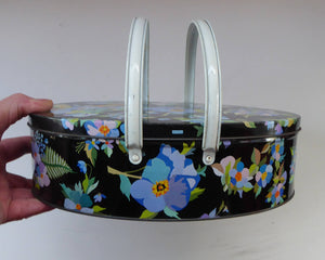 Fabulous 1950s Tin, Twin Handle Sewing Box or Work Box. Pretty Blue Pansies Decoration