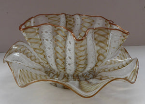 Vintage Venetian / Salviati Murano Glass Latticino Zanfirico Glass Finger Bowl & Saucer; Gold Inclusions and Frilled Edges