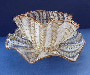 Vintage Venetian / Salviati Murano Glass Latticino Zanfirico Glass Finger Bowl & Saucer; Gold Inclusions and Frilled Edges