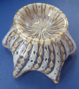 Vintage Venetian / Salviati Murano Glass Latticino Zanfirico Glass Finger Bowl & Saucer; Gold Inclusions and Frilled Edges