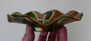 RARE Venetian / Salviati Murano Green Glass Finger Bowl & Saucer; Gold Stripes with Ripple Edges