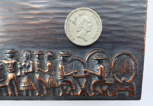 Strange SCANDINAVIAN Bronze and Wooden Desktop Cigarette Box: Images on the Lid Showing Wine Making Scenes