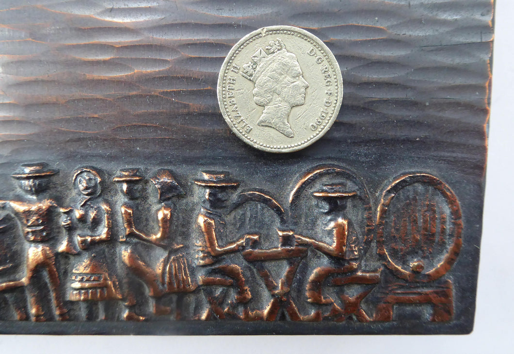 Strange SCANDINAVIAN Bronze and Wooden Desktop Cigarette Box: Images on the Lid Showing Wine Making Scenes