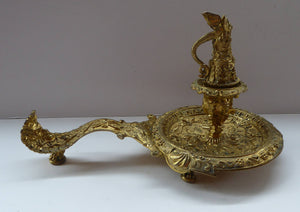 Antique Victorian ORMOLU / BRASS Chamberstick. Extremely Ornate Decoration with Devil Snuffer and Mask Heads. Very Rare