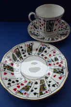 Load image into Gallery viewer, ELIZABETHAN Cut for Coffee Pattern. Cute Vintage Bone China Trio: Tea Cup, Saucer &amp; Side Plate. Playing Cards Decoration.
