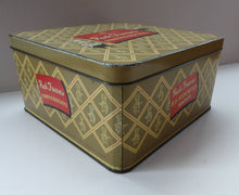 Load image into Gallery viewer, 1950s LARGE Biscuit Tin with Chefs Motifs. Vintage Square Tin for Peek Frean&#39;s Famous Biscuits
