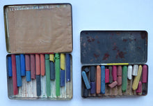 Load image into Gallery viewer, PAIR of Art Deco Style 1950s REEVES GREYOUND Pastel Tins &amp; Some Contents
