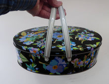 Load image into Gallery viewer, Fabulous 1950s Tin, Twin Handle Sewing Box or Work Box. Pretty Blue Pansies Decoration

