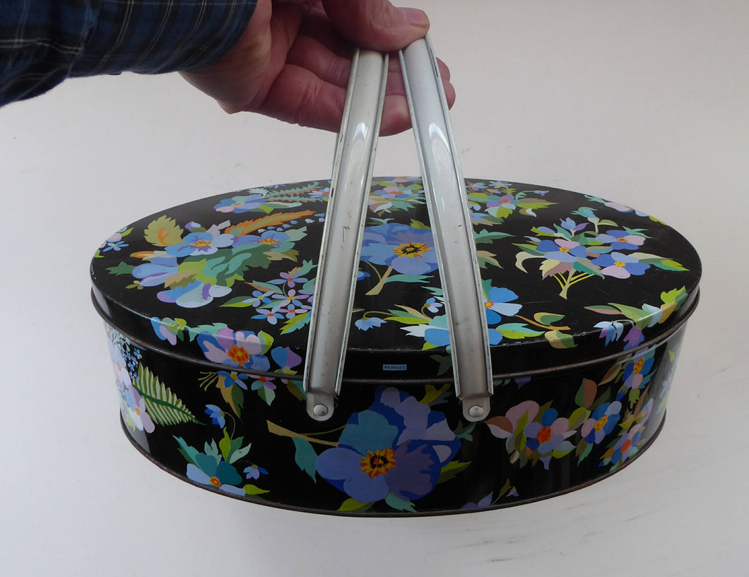 Fabulous 1950s Tin, Twin Handle Sewing Box or Work Box. Pretty Blue Pansies Decoration