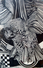Load image into Gallery viewer, SCOTTISH ART: Vintage 1970s Drawing. SURREAL Dreamlike Image of an Owl and Field Mouse by Listed Artist Peter Dworok. Signed and dated 1975

