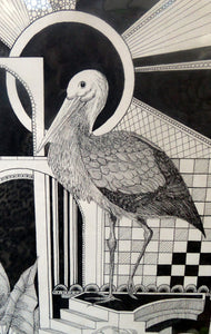 SCOTTISH ART: Vintage 1970s Drawing. SURREAL Image of a Crane in Fantastic Interior by Listed Artist Peter Dworok. Signed and dated 1976