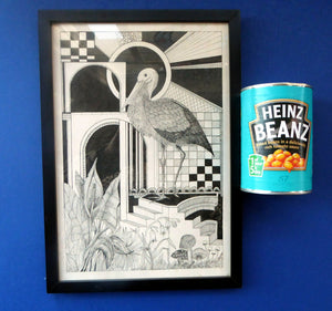 SCOTTISH ART: Vintage 1970s Drawing. SURREAL Image of a Crane in Fantastic Interior by Listed Artist Peter Dworok. Signed and dated 1976