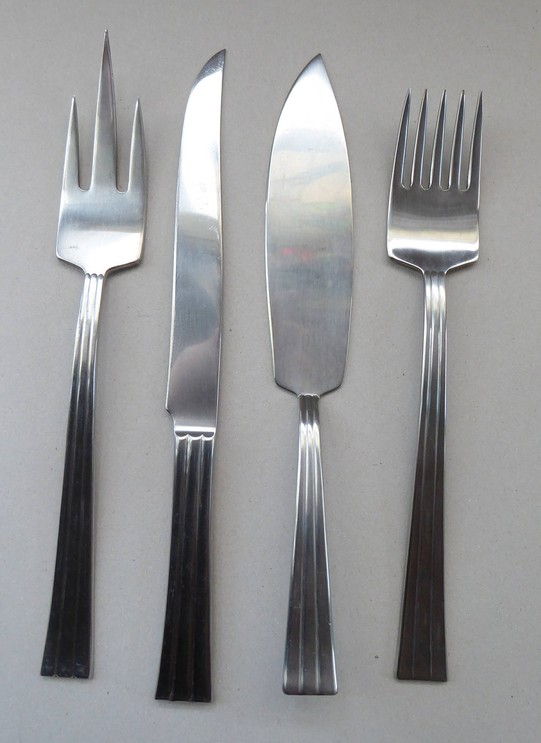 Vintage SWEDISH GENSE 1940s Stainless Steel THEBE Pattern Cutlery. Rare Four Piece Serving Set designed by Folke Arstrom
