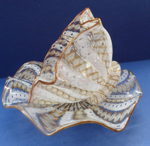 Vintage Venetian / Salviati Murano Glass Latticino Zanfirico Glass Finger Bowl & Saucer; Gold Inclusions and Frilled Edges