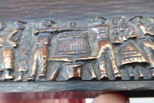 Load image into Gallery viewer, Strange SCANDINAVIAN Bronze and Wooden Desktop Cigarette Box: Images on the Lid Showing Wine Making Scenes
