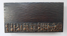 Load image into Gallery viewer, Strange SCANDINAVIAN Bronze and Wooden Desktop Cigarette Box: Images on the Lid Showing Wine Making Scenes
