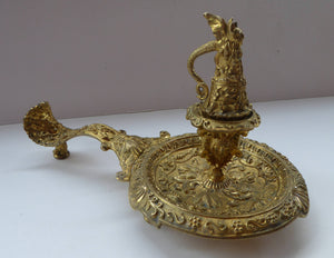 Antique Victorian ORMOLU / BRASS Chamberstick. Extremely Ornate Decoration with Devil Snuffer and Mask Heads. Very Rare