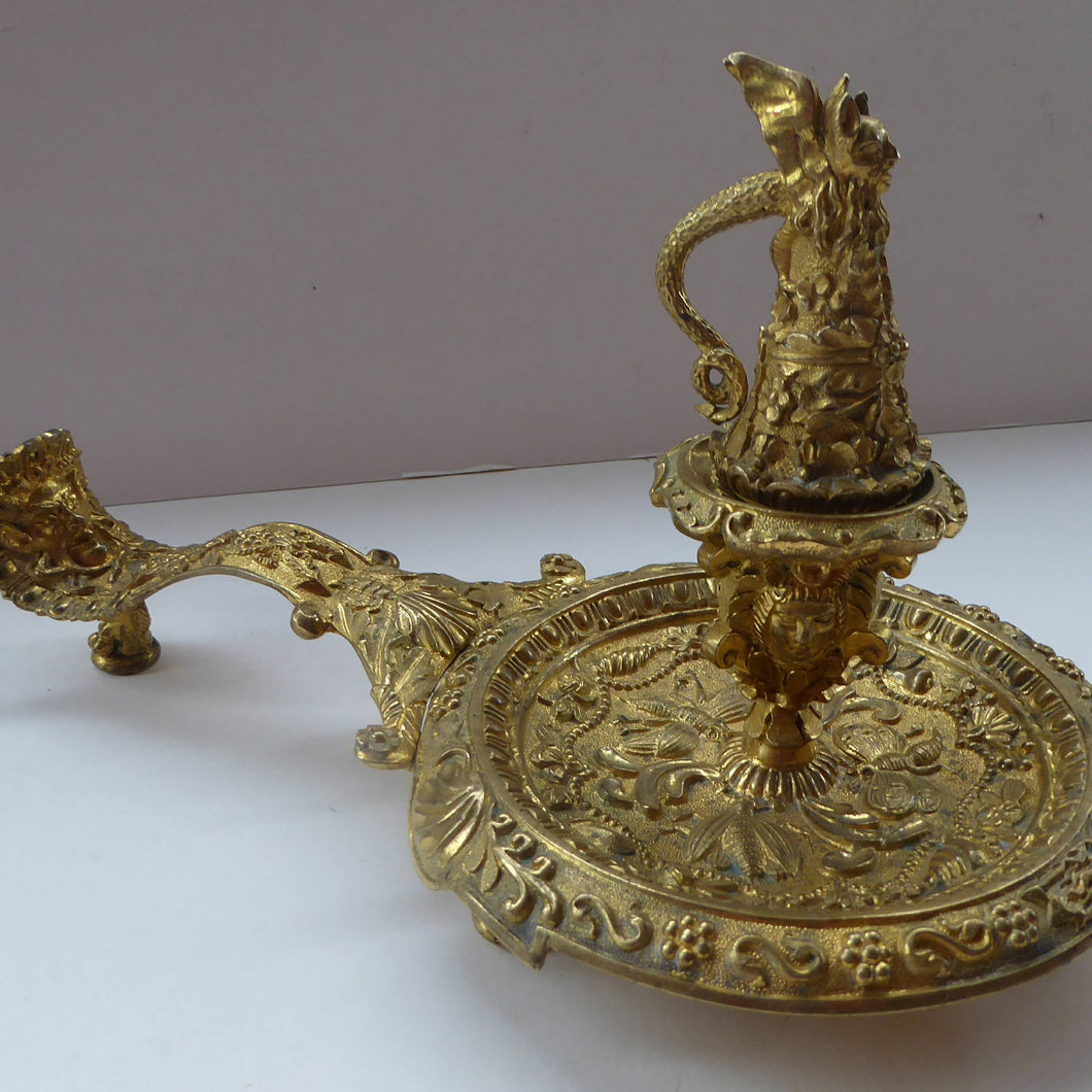 Antique Victorian ORMOLU / BRASS Chamberstick. Extremely Ornate Decoration with Devil Snuffer and Mask Heads. Very Rare