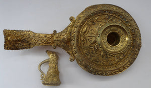 Antique Victorian ORMOLU / BRASS Chamberstick. Extremely Ornate Decoration with Devil Snuffer and Mask Heads. Very Rare