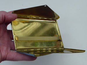 Vintage 1950s CIGARETTE CASE by Rex. Unusual Case in the Shape of a Blue Envelope which opens to reveal a shiny gold linterior