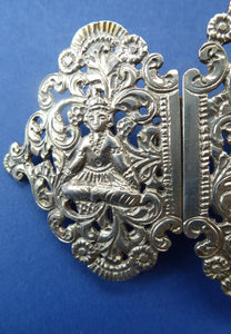 Old INDIAN / ASIAN SILVER Sectional Large Belt Buckle; Decorated with Indian Deities Standing in a Foliate Garden