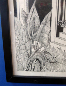 SCOTTISH ART: Vintage 1970s Drawing. SURREAL Image of a Crane in Fantastic Interior by Listed Artist Peter Dworok. Signed and dated 1976