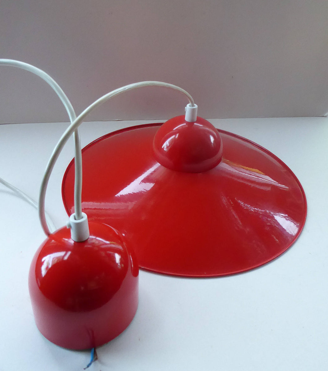 Rare 1960s CZECH Red and White Enamel Flying Saucer Hanging Ceiling Pendant LAMPSHADE. With Original Napako Label
