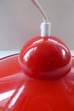 Load image into Gallery viewer, Rare 1960s CZECH Red and White Enamel Flying Saucer Hanging Ceiling Pendant LAMPSHADE. With Original Napako Label
