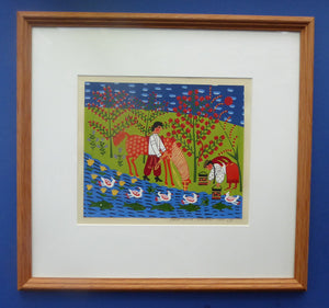 Ukrainian Naïve Folk Art Painting 1990s - Showing a Man and a Woman Watering a Horse Beside a Stream
