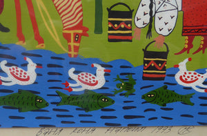 Ukrainian Naïve Folk Art Painting 1990s - Showing a Man and a Woman Watering a Horse Beside a Stream